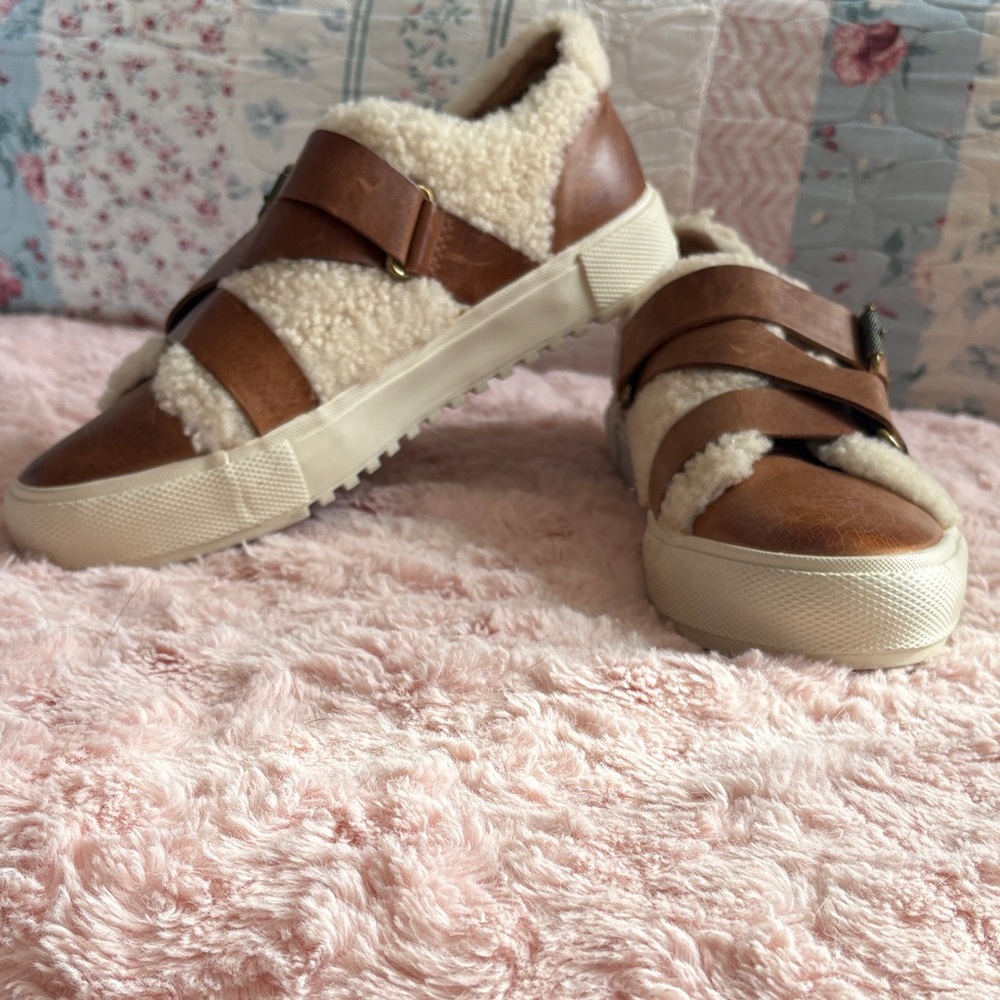 Frye Brown and Cream Shearling Flats